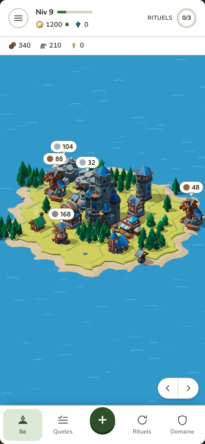 L'île : un village médiéval sur une île hexagonale, avec ses bulles de récolte.