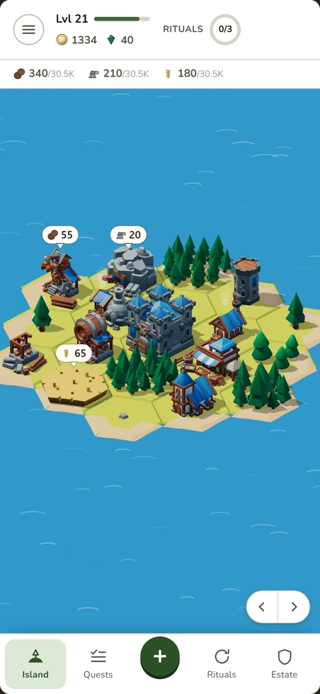 The island: a medieval village on a hexagonal island, with its harvest bubbles.