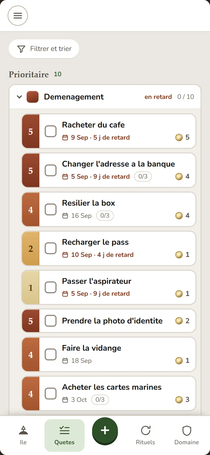 La liste des quêtes : chaque ligne porte sa priorité dans un bandeau en marge.