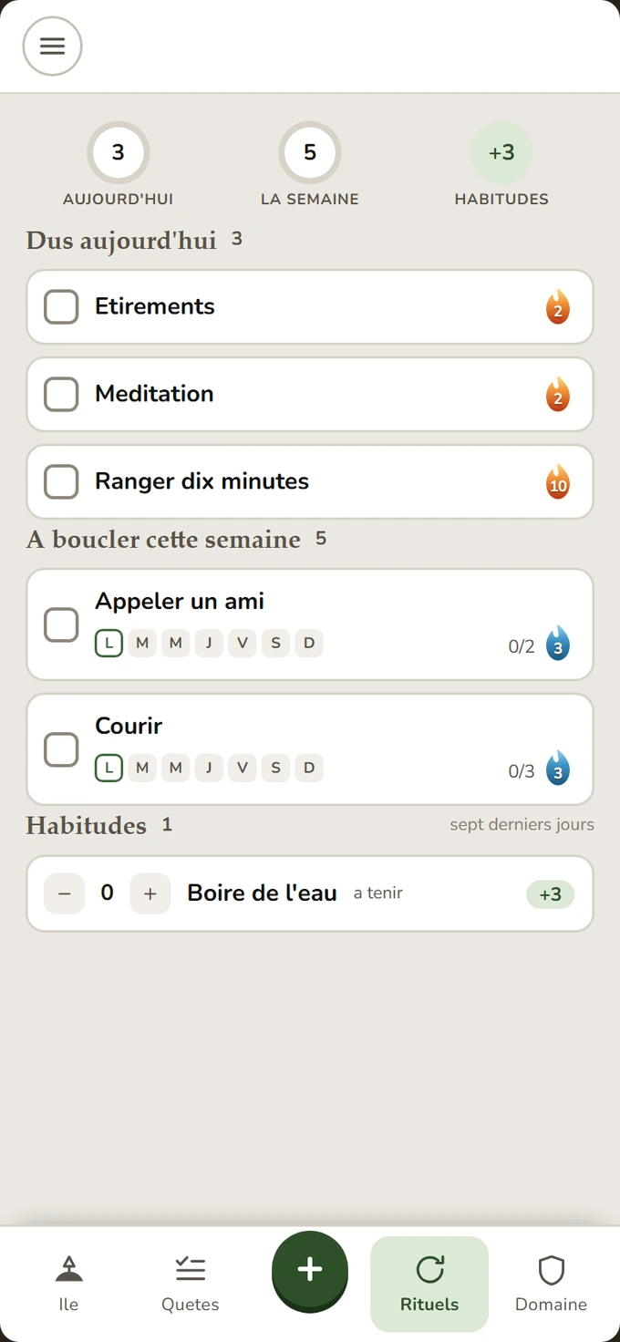 Les rituels : ce qui est dû aujourd'hui, la semaine, les habitudes.