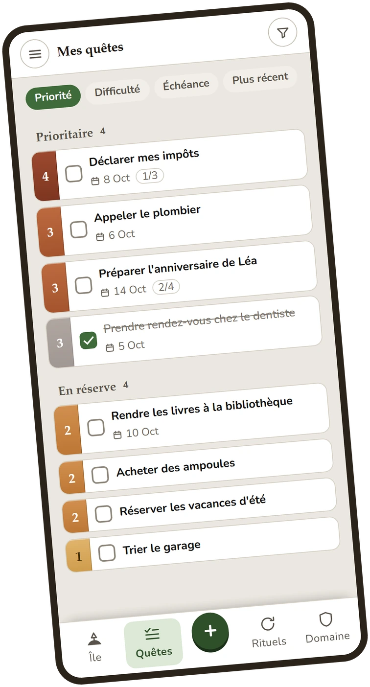 La liste des quêtes : les priorités en marge, les échéances, les sous-tâches comptées.