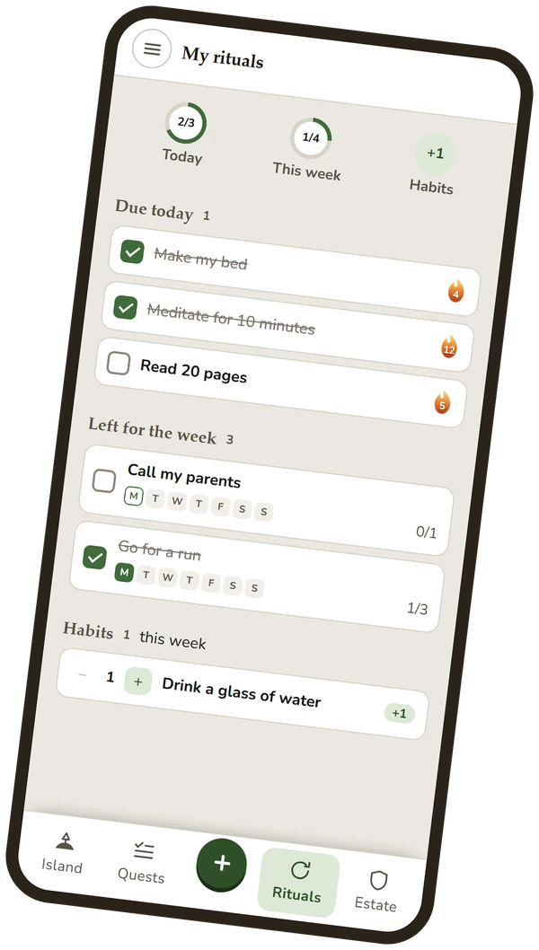 Rituals: what's due today, this week, and habits.
